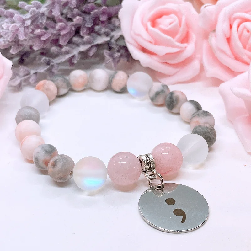 silver bracelet with engraved coordinates for cherished memory-Semicolon Classic Charm Bracelet Bracelet Rose Quartz