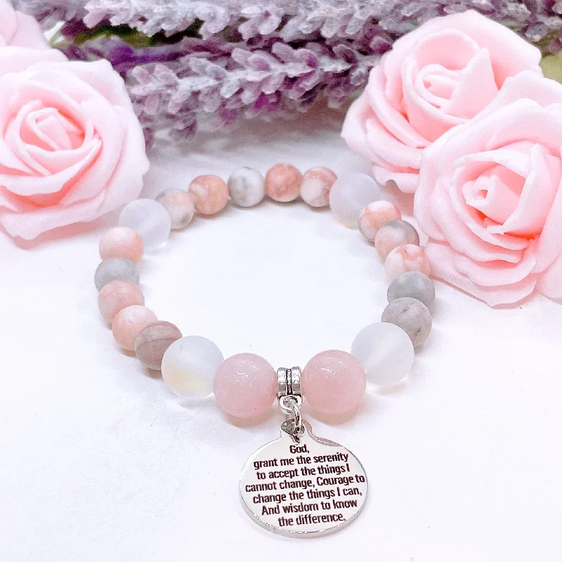 personalized silver bracelet with engraved date for celebration-Serenity Prayer Classic Charm Bracelet Rose Quartz