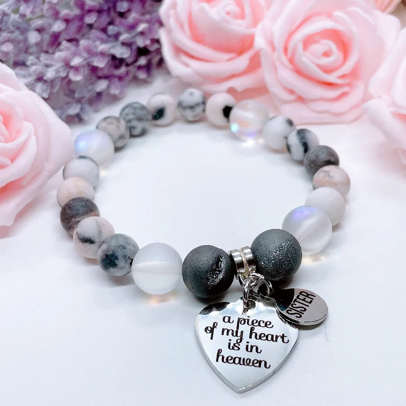 silver bracelet with engraved coordinates for cherished memory-Sister: A Piece of my Heart is in Heaven Classic Charm Bracelet Druzy