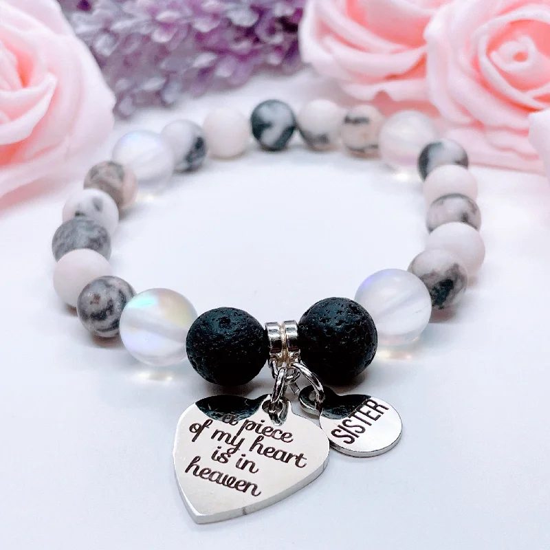 adjustable bracelet with gemstone for healing energy-Sister: A Piece of my Heart is in Heaven Classic Charm Bracelet Lava