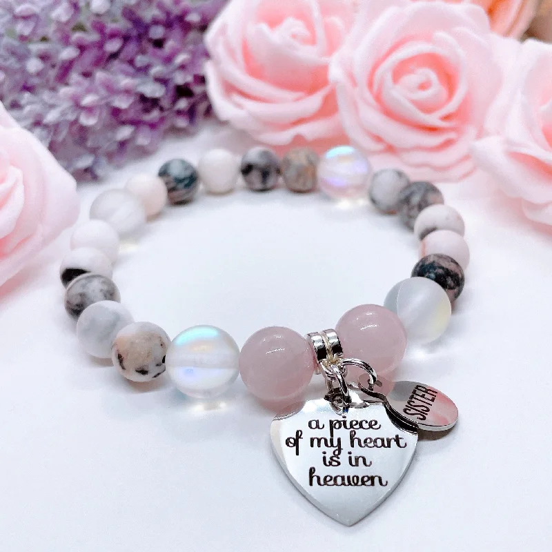 gold bracelet with meaningful engraving for anniversary-Sister: A Piece of my Heart is in Heaven Classic Charm Bracelet Rose Quartz