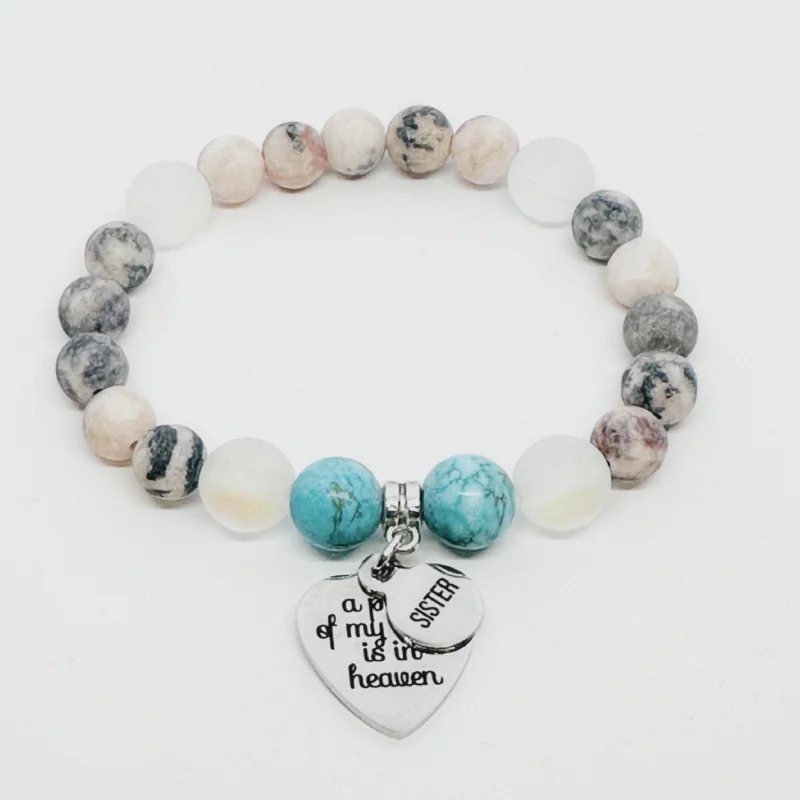 beaded bracelet with turquoise for positive energy and luck-Sister: A Piece of my Heart is in Heaven Classic Charm Bracelet Turquoise