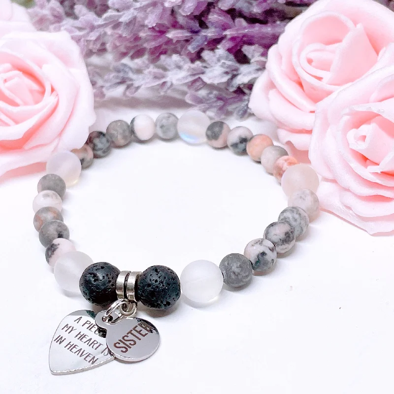 personalized bracelet with engraving for memorable gift-Sister: A Piece of my Heart is in Heaven Heart Companion Charm Bracelet Lava