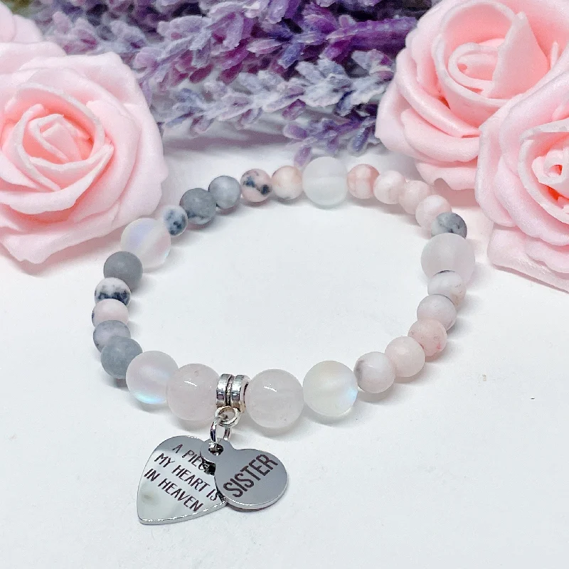 luxury silver bracelet with engraved coordinates for loved ones-Sister: A Piece of my Heart is in Heaven Heart Companion Charm Bracelet Rose Quartz