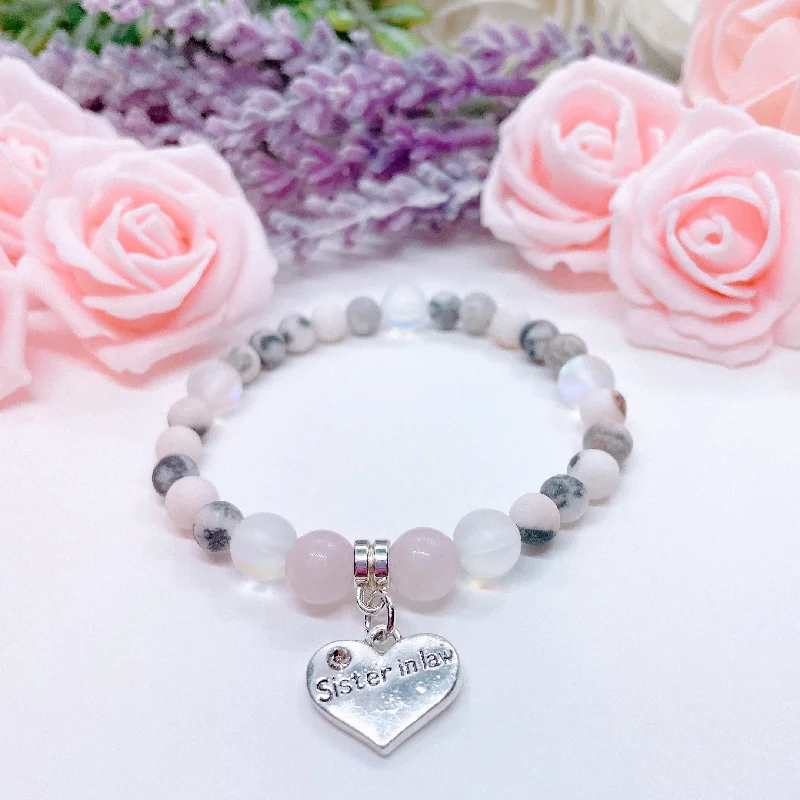 custom silver bracelet with spiritual symbols for healing-Sister-In-Law Heart Companion Charm Bracelet Rose Quartz