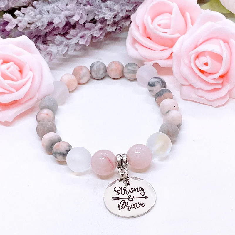 personalized bracelet with initials for family members-Strong & Brave Classic Charm Bracelet Rose Quartz