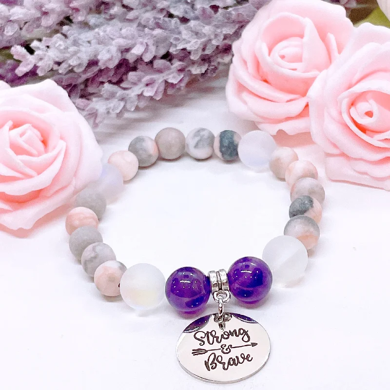 custom bracelet with engraved message for mom-Strong & Brave Classic Charm Bracelet Amethyst