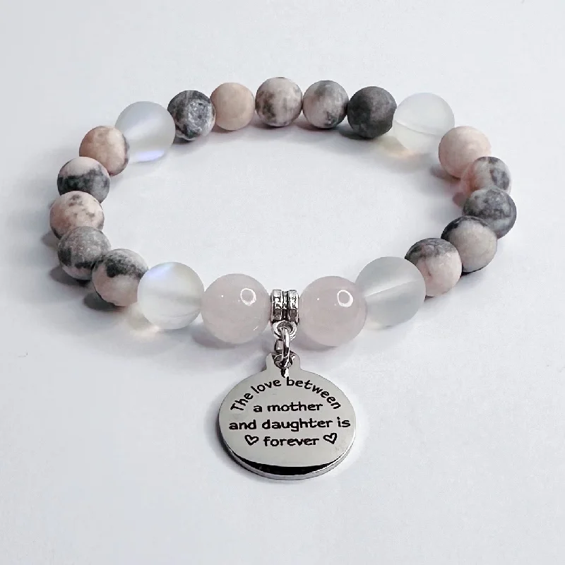 silver bracelet with engraved initials for special occasion-The Love Between a Mother & Daughter Classic Charm Bracelet Rose Quartz