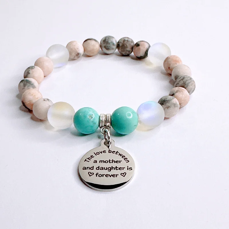 silver bracelet with engraved initials for family celebration-The Love Between a Mother & Daughter Classic Charm Bracelet Turquoise