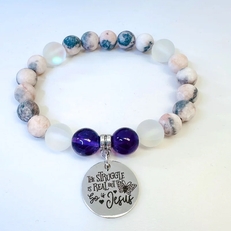 silver bracelet with engraved coordinates for travel memories-The Struggle is Real and So is Jesus Classic Charm Bracelet Amethyst