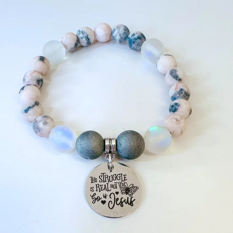 luxury silver bracelet with engraved coordinates for loved ones-The Struggle is Real and So is Jesus Classic Charm Bracelet Druzy