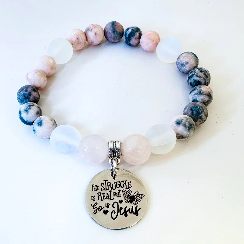 gold bracelet with engraved coordinates for adventure lovers-The Struggle is Real and So is Jesus Classic Charm Bracelet Rose Quartz