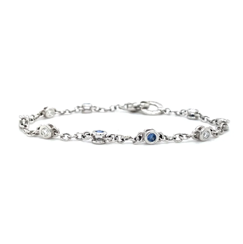 personalized silver bracelet with engraved date for celebration-Yogo Sapphire, Diamond & White Gold Station Bracelet - "Yogo Beloved"