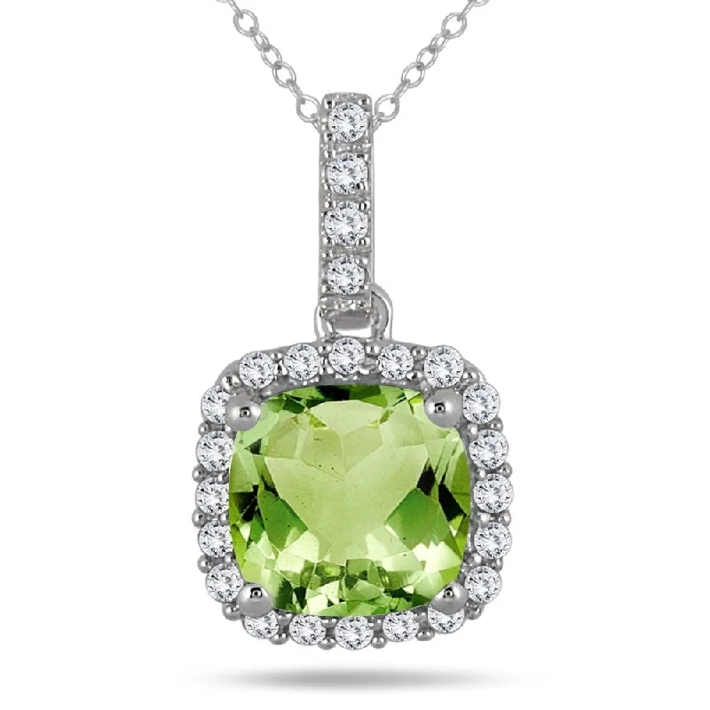 personalized silver pendant necklace with diamond -1 3/4 Carat Cushion Peridot and Diamond Halo Pendant in 10K White Gold