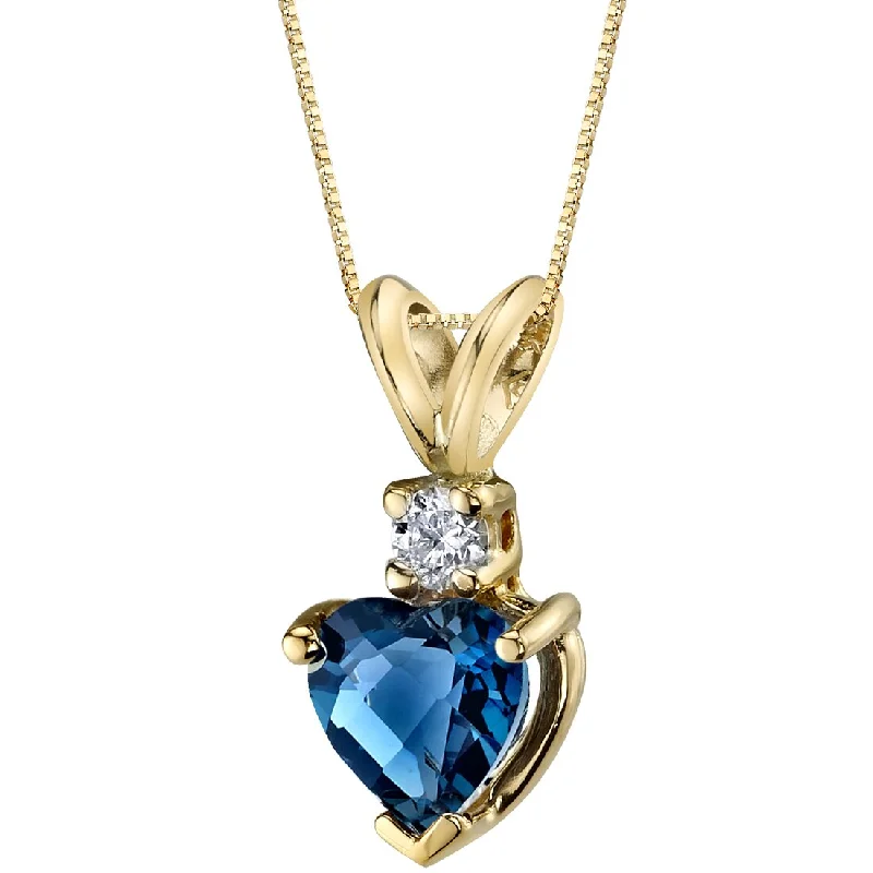 heart-shaped gemstone pendant necklace gold -Heart Shape London Blue Topaz and Diamond Pendant Necklace 14K Yellow Gold 1 Carat