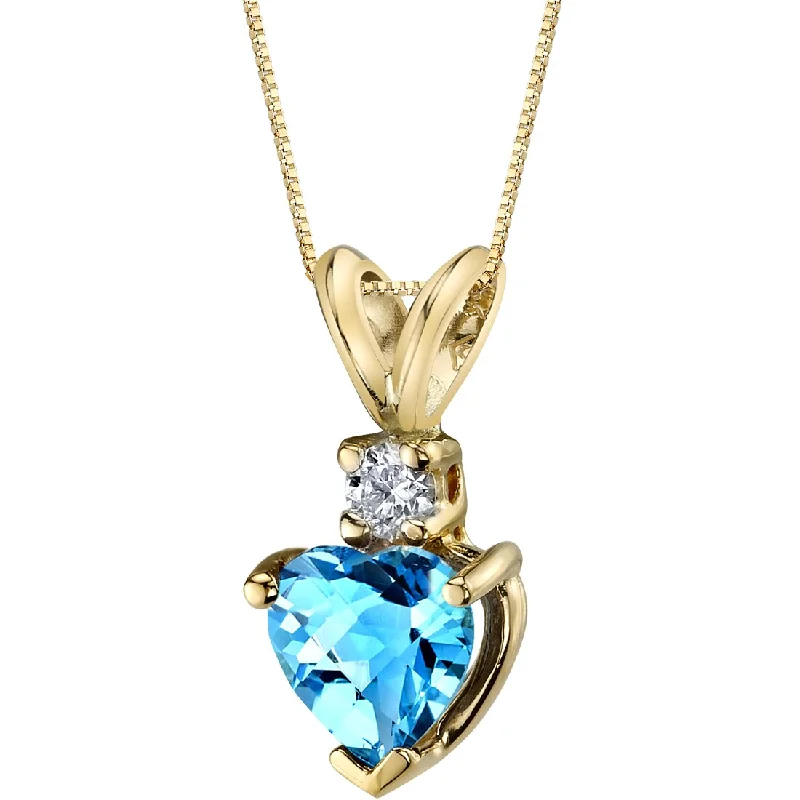 handmade pendant necklace with charm for brides -Heart Shape Swiss Blue Topaz and Diamond Pendant Necklace 14K Yellow Gold 1 Carat