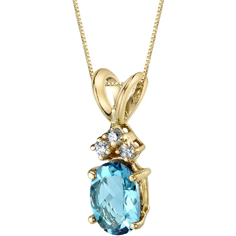 simple silver pendant necklace with initials -Swiss Blue Topaz and Diamond Pendant Necklace 14K Yellow Gold 1 Carat Oval