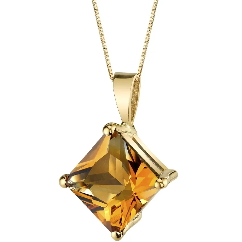 personalized pendant necklace with initials gold -Citrine Pendant Necklace 14K Yellow Gold Princess Cut 2.25 Carats