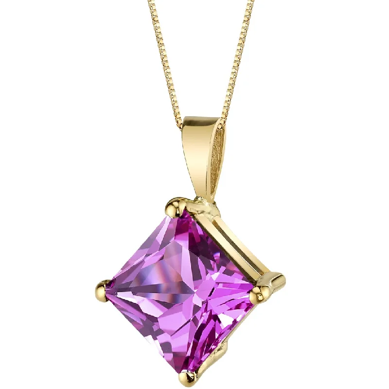 women’s dainty gold pendant necklace -Pink Sapphire Pendant Necklace 14K Yellow Gold Princess Cut 3 Carats