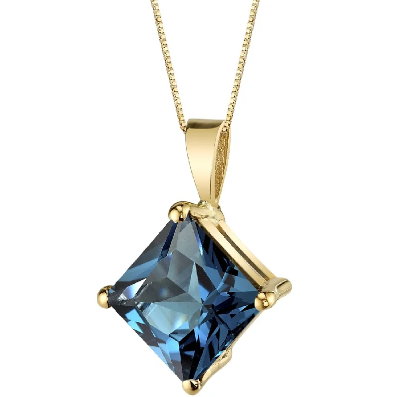 unique gold heart pendant necklace -London Blue Topaz Pendant Necklace 14K Yellow Gold Princess Cut 3 Carats