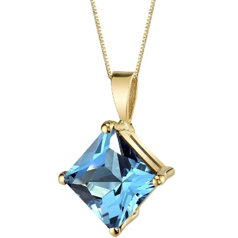 personalized gold heart pendant necklace -Swiss Blue Topaz Pendant Necklace 14K Yellow Gold Princess Cut 3 Carats