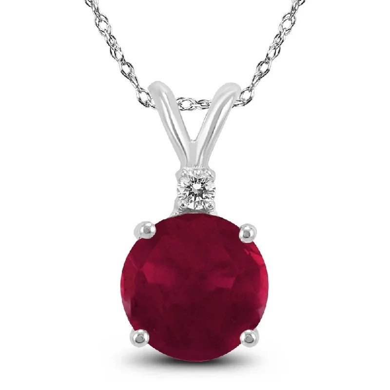 trendy pendant necklace with geometric design -14K White Gold 5MM Round Ruby and Diamond Pendant