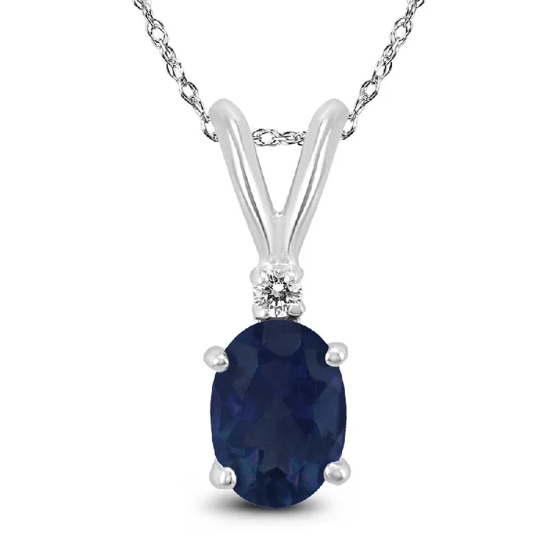 dainty pendant necklace with initials for women -14K White Gold 5x3MM Oval Sapphire and Diamond Pendant