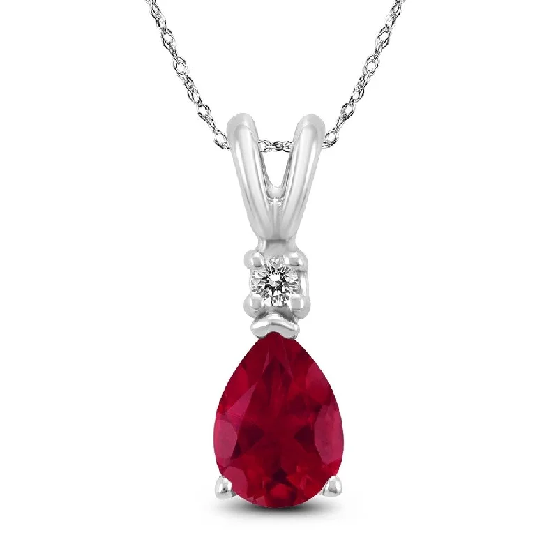 silver pendant necklace with initial letter -14K White Gold 5x3MM Pear Ruby and Diamond Pendant