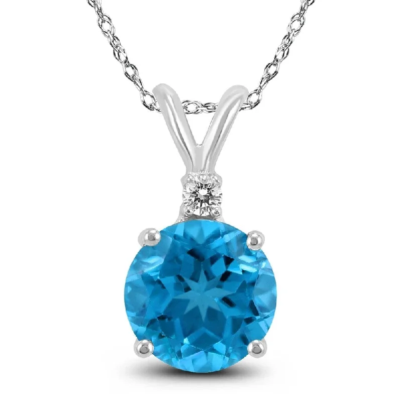 women’s moon pendant necklace silver -14K White Gold 6MM Round Blue Topaz and Diamond Pendant