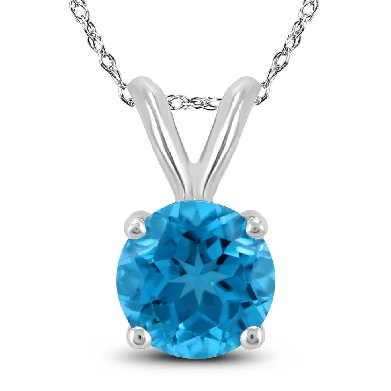 silver pendant necklace with charm and crystal -14K White Gold 6MM Round Blue Topaz Pendant