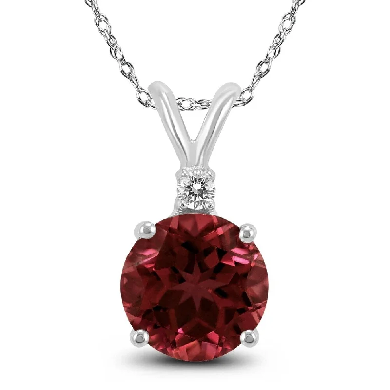 silver pendant necklace with pearl charm -14K White Gold 6MM Round Garnet and Diamond Pendant