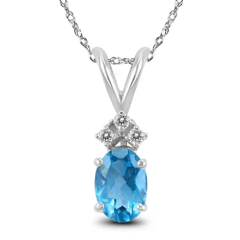 heart pendant necklace with initials silver -14K White Gold 6x4MM Oval Blue Topaz and Diamond Pendant