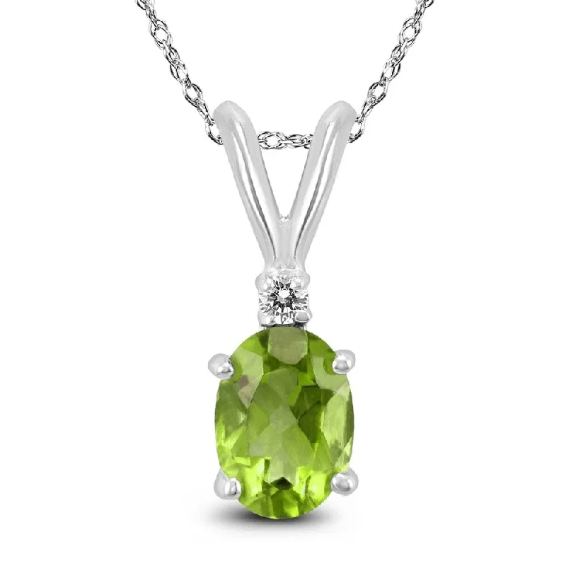 custom engraved pendant necklace for women -14K White Gold 6x4MM Oval Peridot and Diamond Pendant