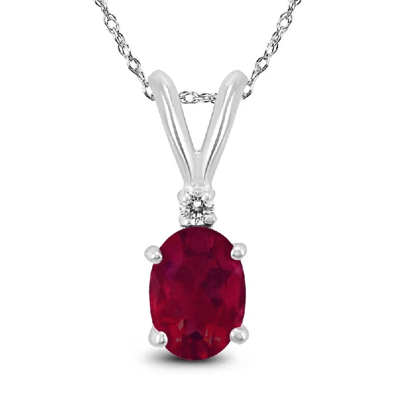 simple silver pendant necklace with initials -14K White Gold 6x4MM Oval Ruby and Diamond Pendant