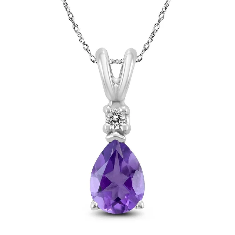 engraved crystal pendant necklace for women -14K White Gold 6x4MM Pear Amethyst and Diamond Pendant