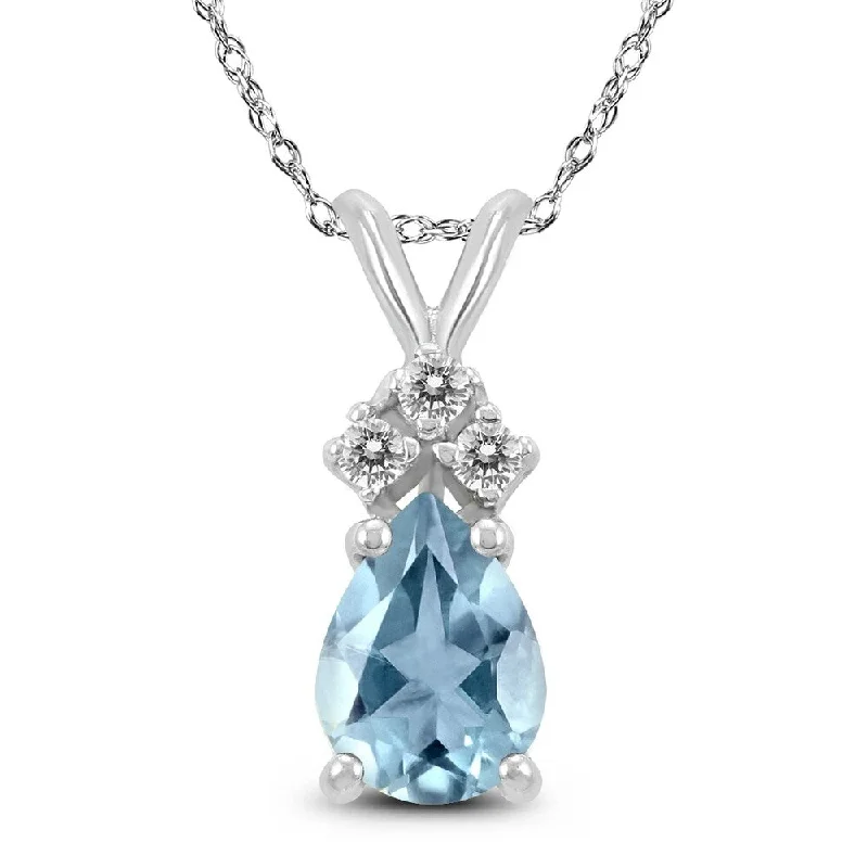 women’s simple pendant necklace with charm -14K White Gold 6x4MM Pear Aquamarine and Diamond Pendant