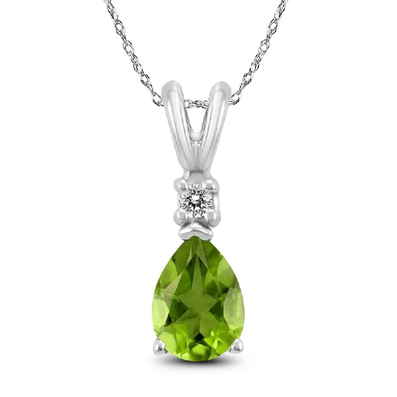 women’s personalized silver pendant necklace -14K White Gold 6x4MM Pear Peridot and Diamond Pendant