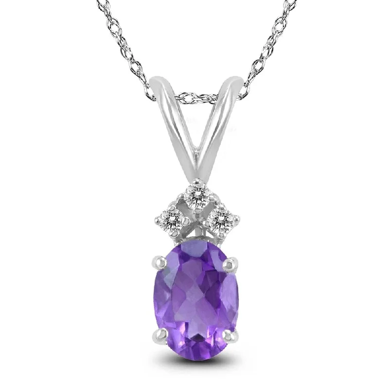 custom bar pendant necklace for brides -14K White Gold 7x5MM Oval Amethyst and Diamond Pendant