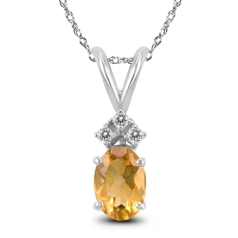 custom engraved pendant necklace with letter -14K White Gold 7x5MM Oval Citrine and Diamond Pendant