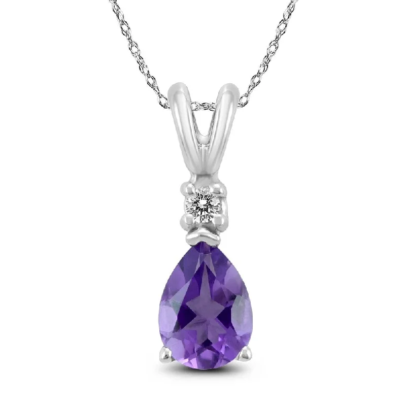 personalized pendant necklace for couples -14K White Gold 7x5MM Pear Amethyst and Diamond Pendant