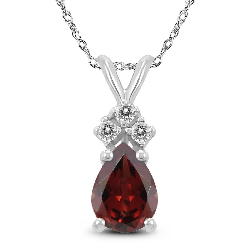 handmade pendant necklace with charm for brides -14K White Gold 7x5MM Pear Garnet and Diamond Pendant