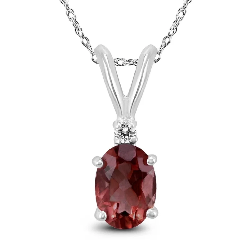 gold pendant necklace with personalized engraving -14K White Gold 8x6MM Oval Garnet and Diamond Pendant