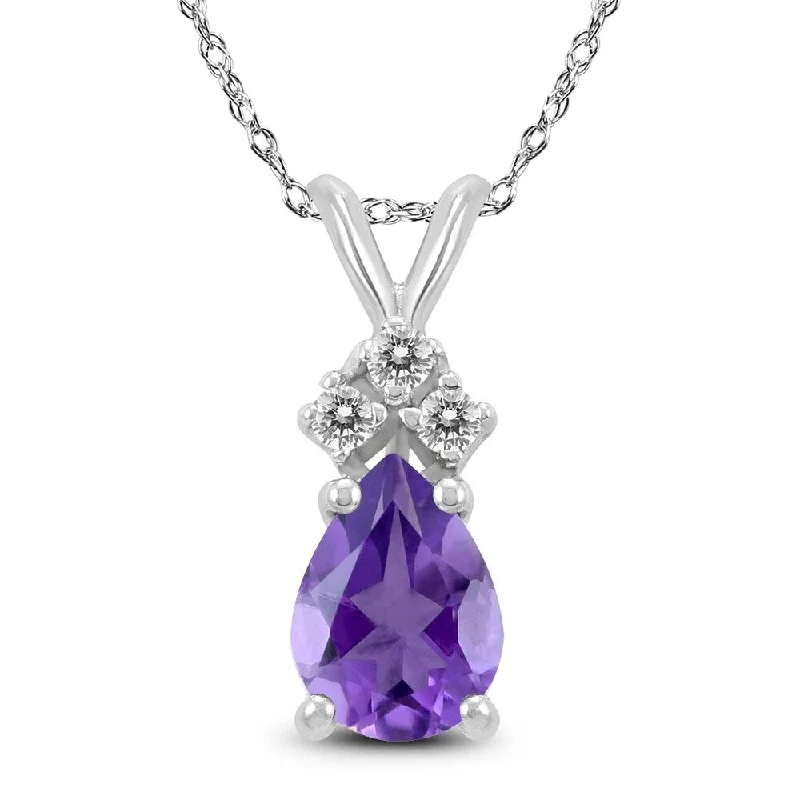 silver pendant necklace for brides with charm -14K White Gold 8x6MM Pear Amethyst and Diamond Pendant