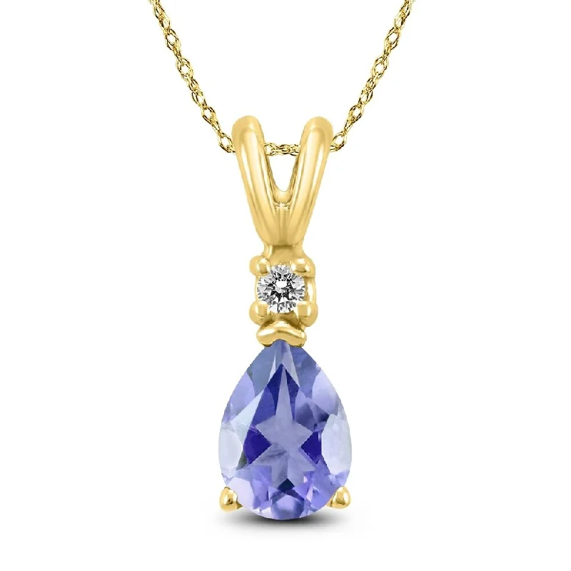 gemstone pendant necklace with letter engraving -14K Yellow Gold 6x4MM Pear Tanzanite and Diamond Pendant