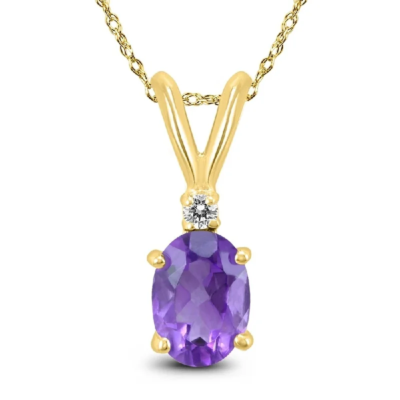 large pendant necklace with gemstone charm -14K Yellow Gold 7x5MM Oval Amethyst and Diamond Pendant