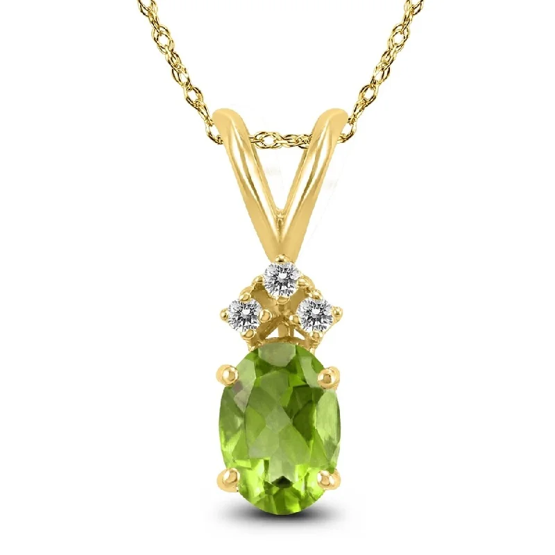 personalized bar pendant necklace gold -14K Yellow Gold 7x5MM Oval Peridot and Diamond Pendant