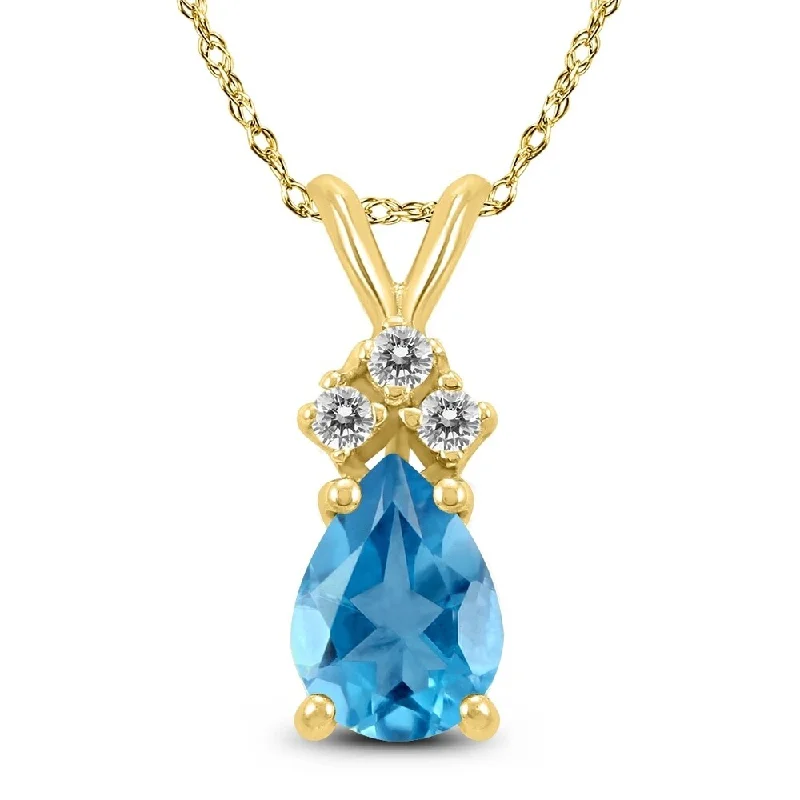 custom pendant necklace with gemstone charm -14K Yellow Gold 7x5MM Pear Blue Topaz and Diamond Pendant