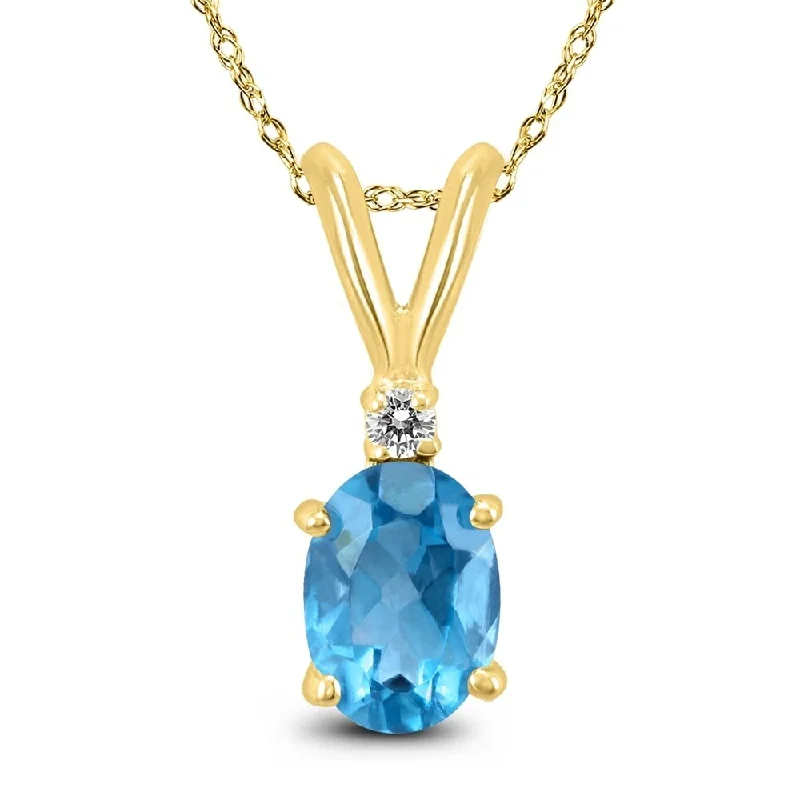 women’s dainty gold pendant necklace -14K Yellow Gold 8x6MM Oval Blue Topaz and Diamond Pendant