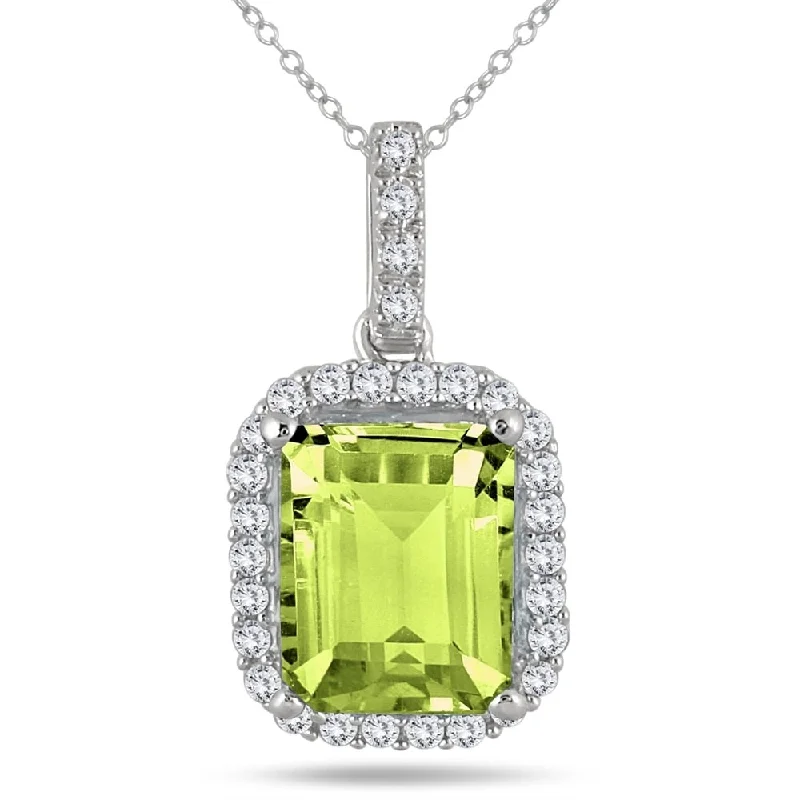 heart-shaped pendant necklace for brides -2.80 Carat Peridot and Diamond Halo Pendant in 10K White Gold