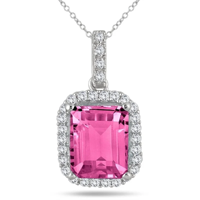 silver pendant necklace for brides with charm -2.80 Carat Pink Topaz and Diamond Halo Pendant in 10K White Gold